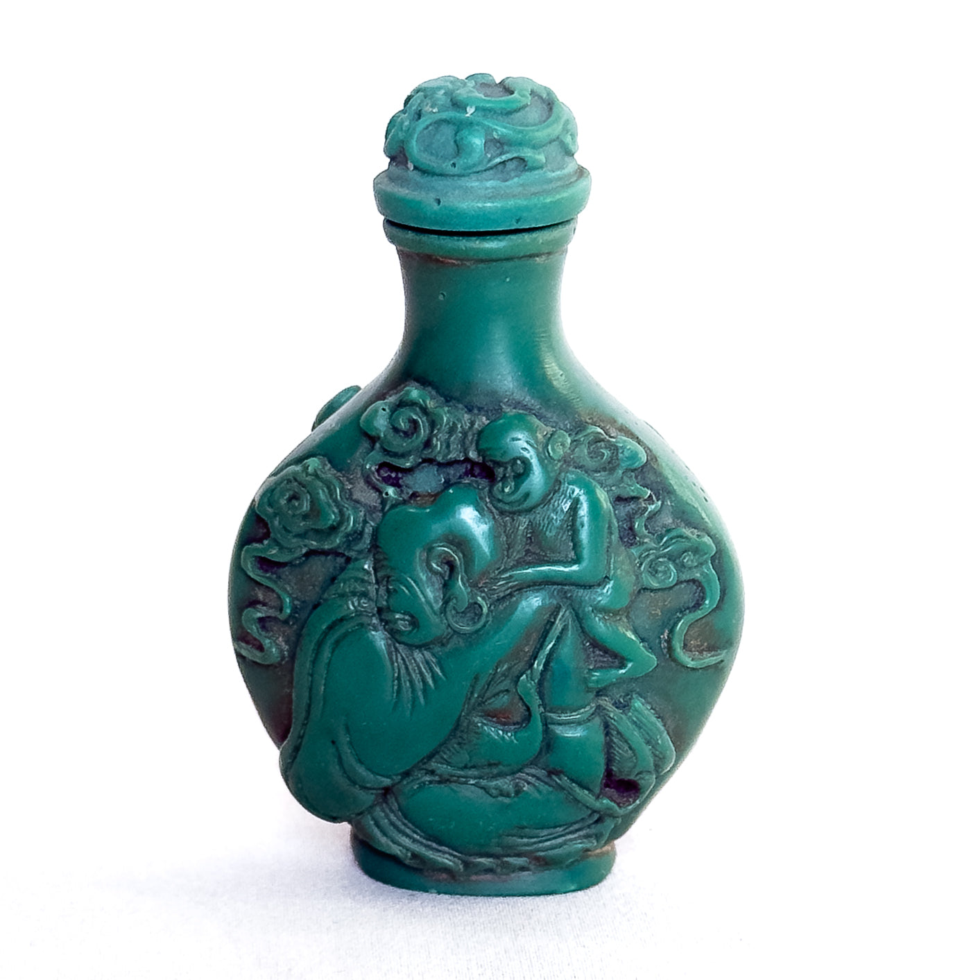 Vintage Chinese Snuff Bottle with Laughing Buddha & Immortal Figures in Carved Green Resin