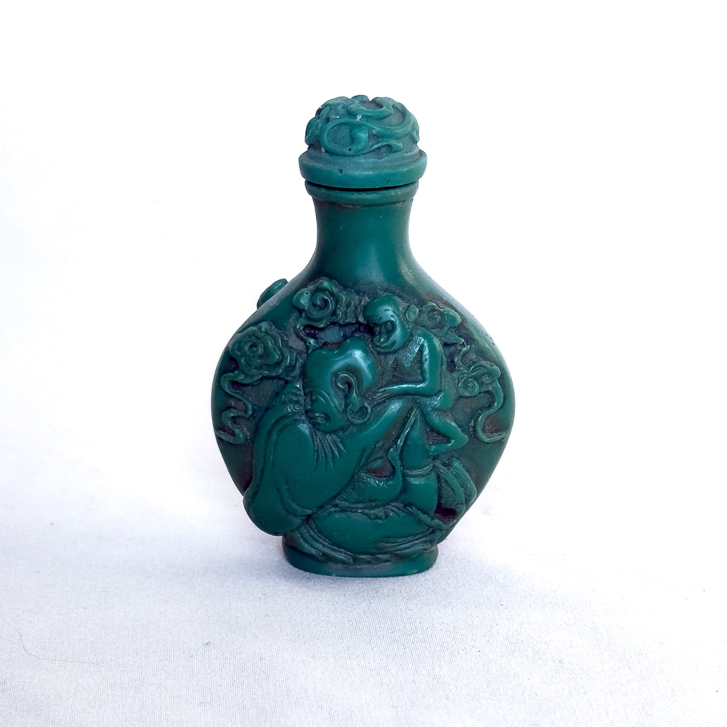 Vintage Chinese Snuff Bottle with Laughing Buddha & Immortal Figures in Carved Green Resin
