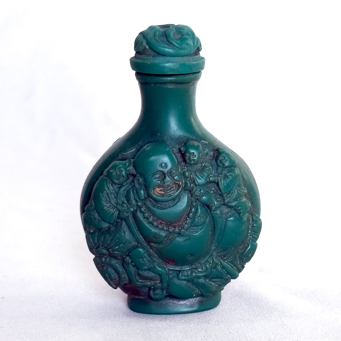 Vintage Chinese Snuff Bottle with Laughing Buddha & Immortal Figures in Carved Green Resin