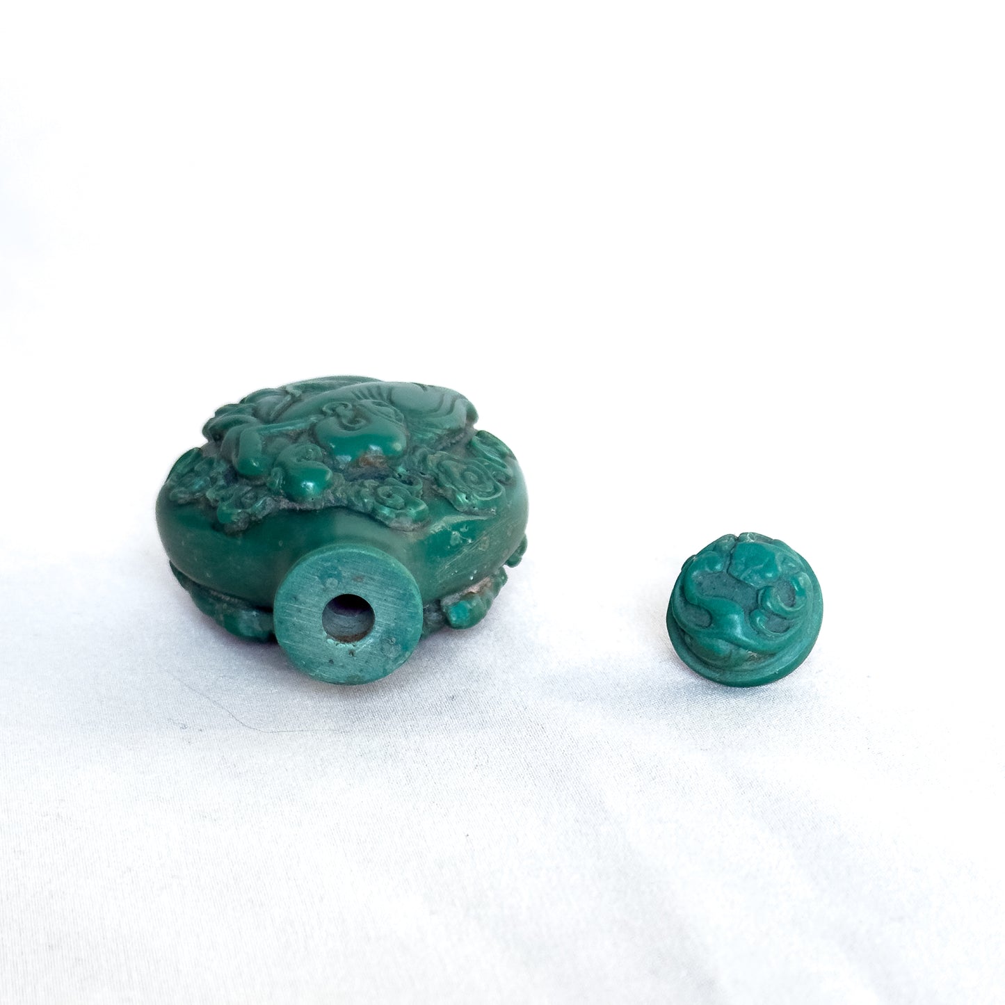 Vintage Chinese Snuff Bottle with Laughing Buddha & Immortal Figures in Carved Green Resin