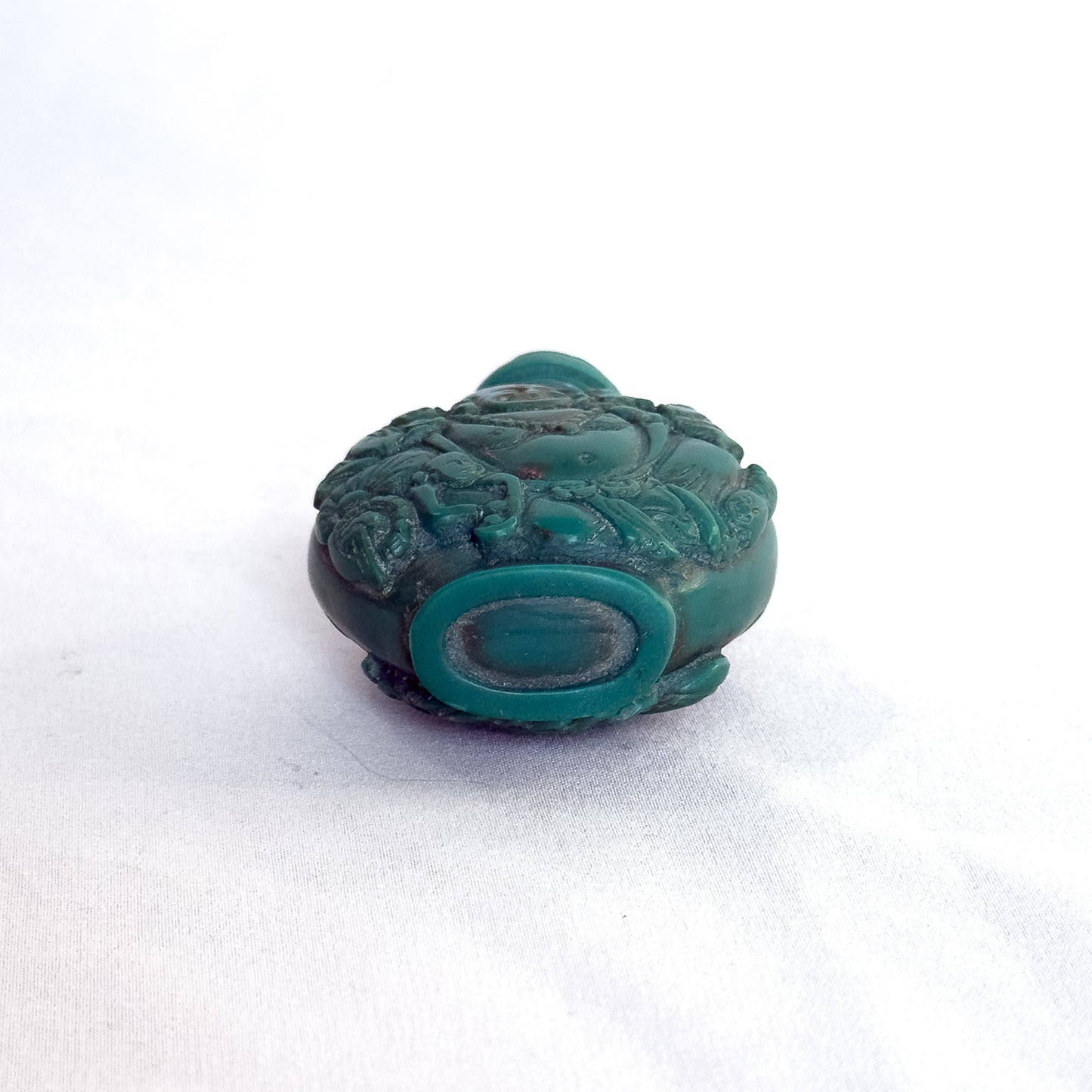 Vintage Chinese Snuff Bottle with Laughing Buddha & Immortal Figures in Carved Green Resin