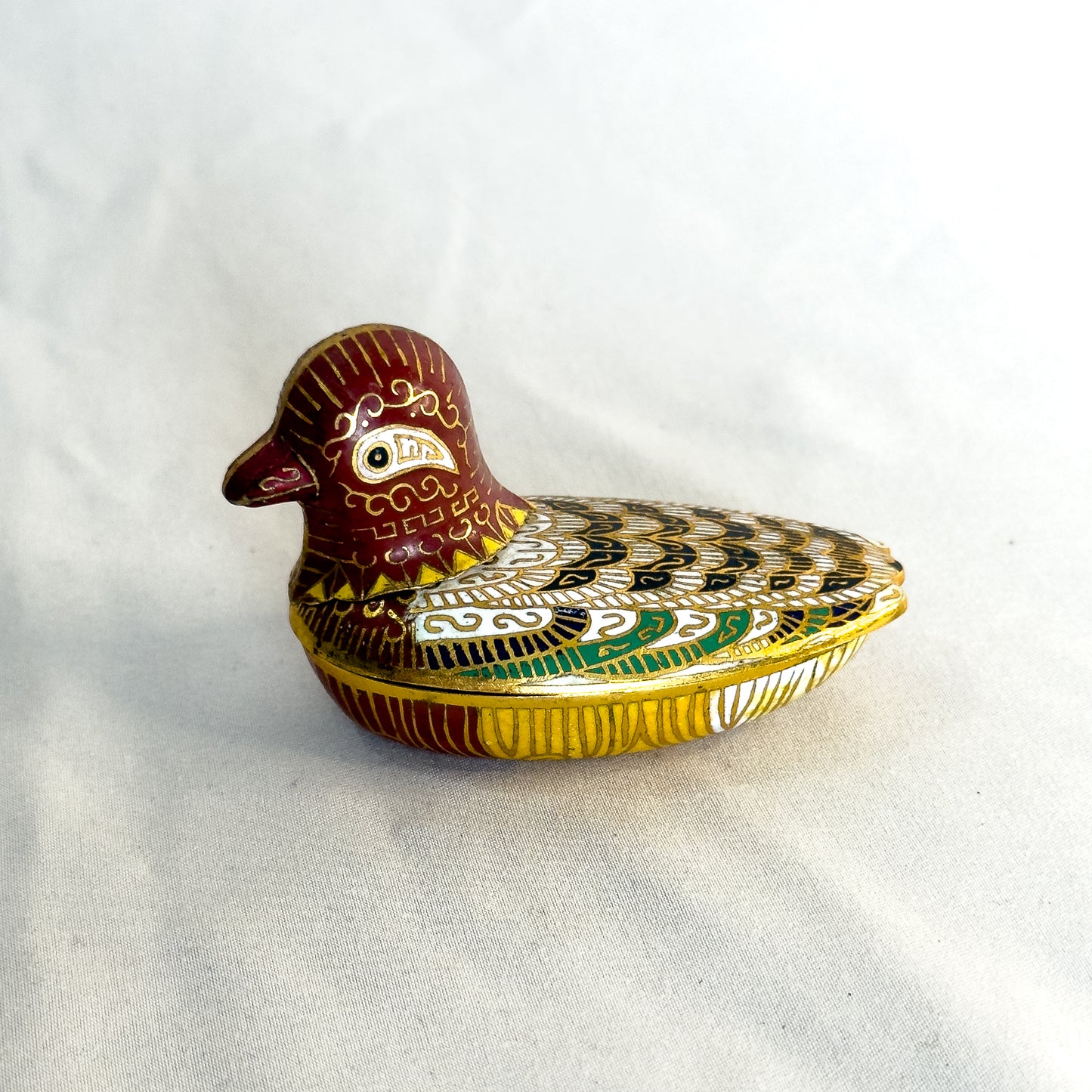 Vintage Cloisonné Duck Trinket Box Hand-Painted Enamel with Gold Accents