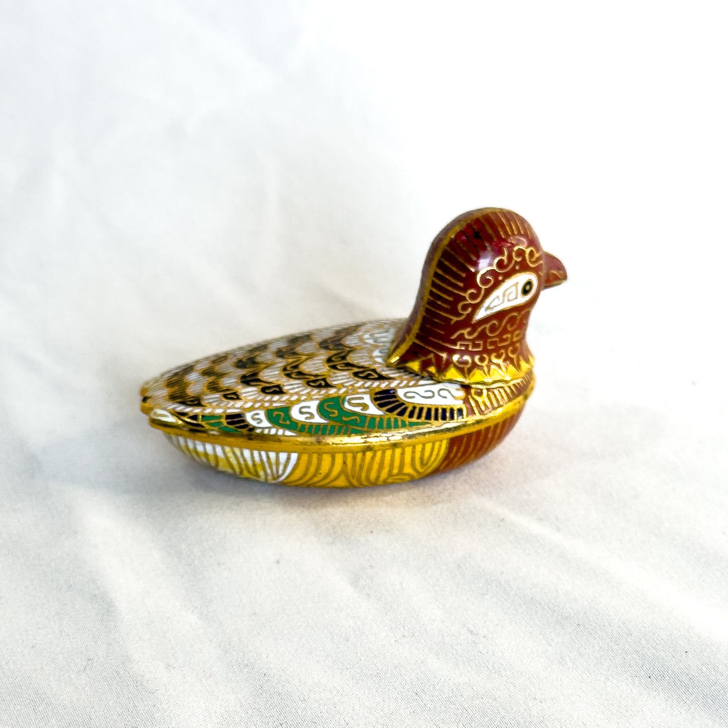 Vintage Cloisonné Duck Trinket Box Hand-Painted Enamel with Gold Accents