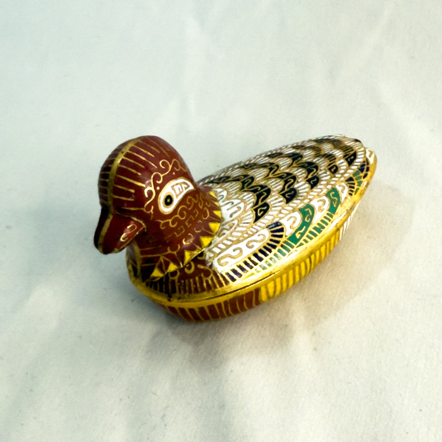 Vintage Cloisonné Duck Trinket Box Hand-Painted Enamel with Gold Accents