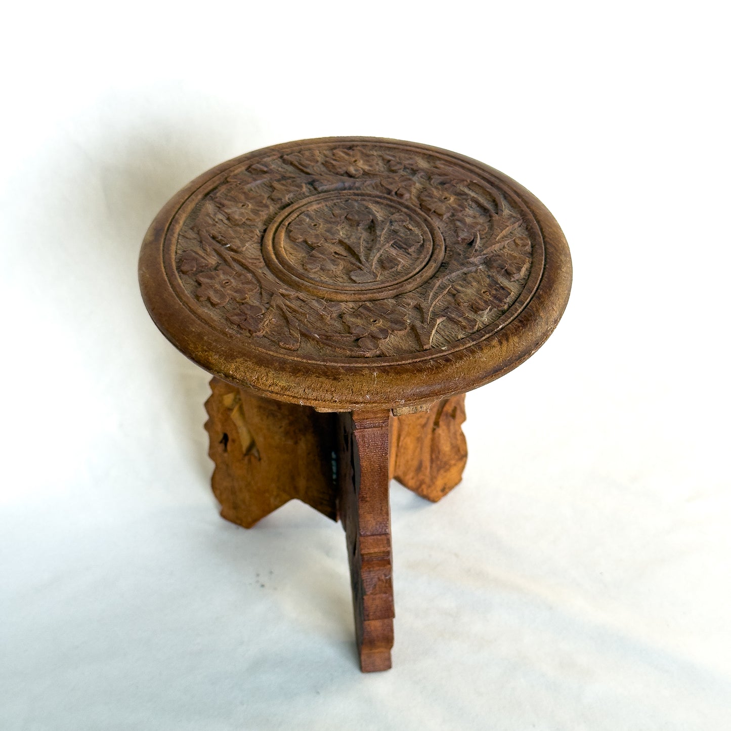 Vintage Hand-Carved Folding Wooden Plant Stand Ornate Floral Motif, Teak or Rosewood