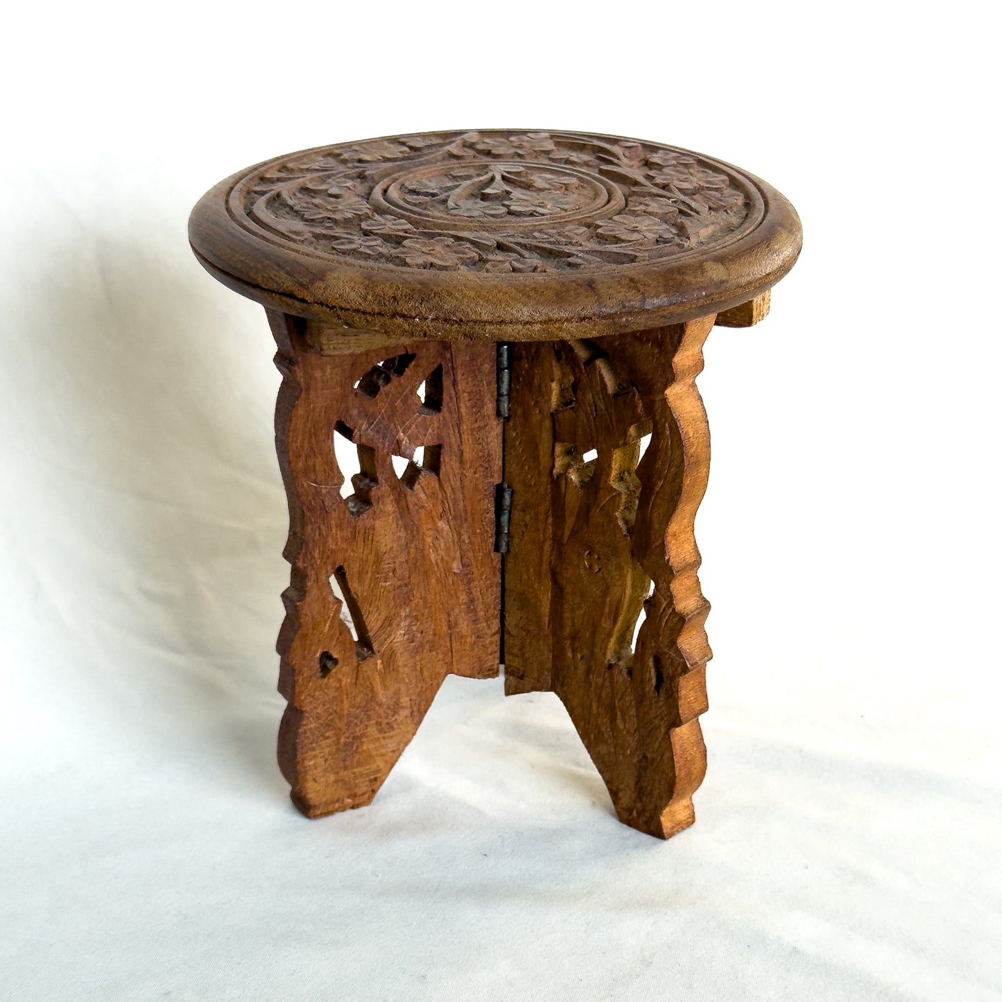 Vintage Hand-Carved Folding Wooden Plant Stand Ornate Floral Motif, Teak or Rosewood