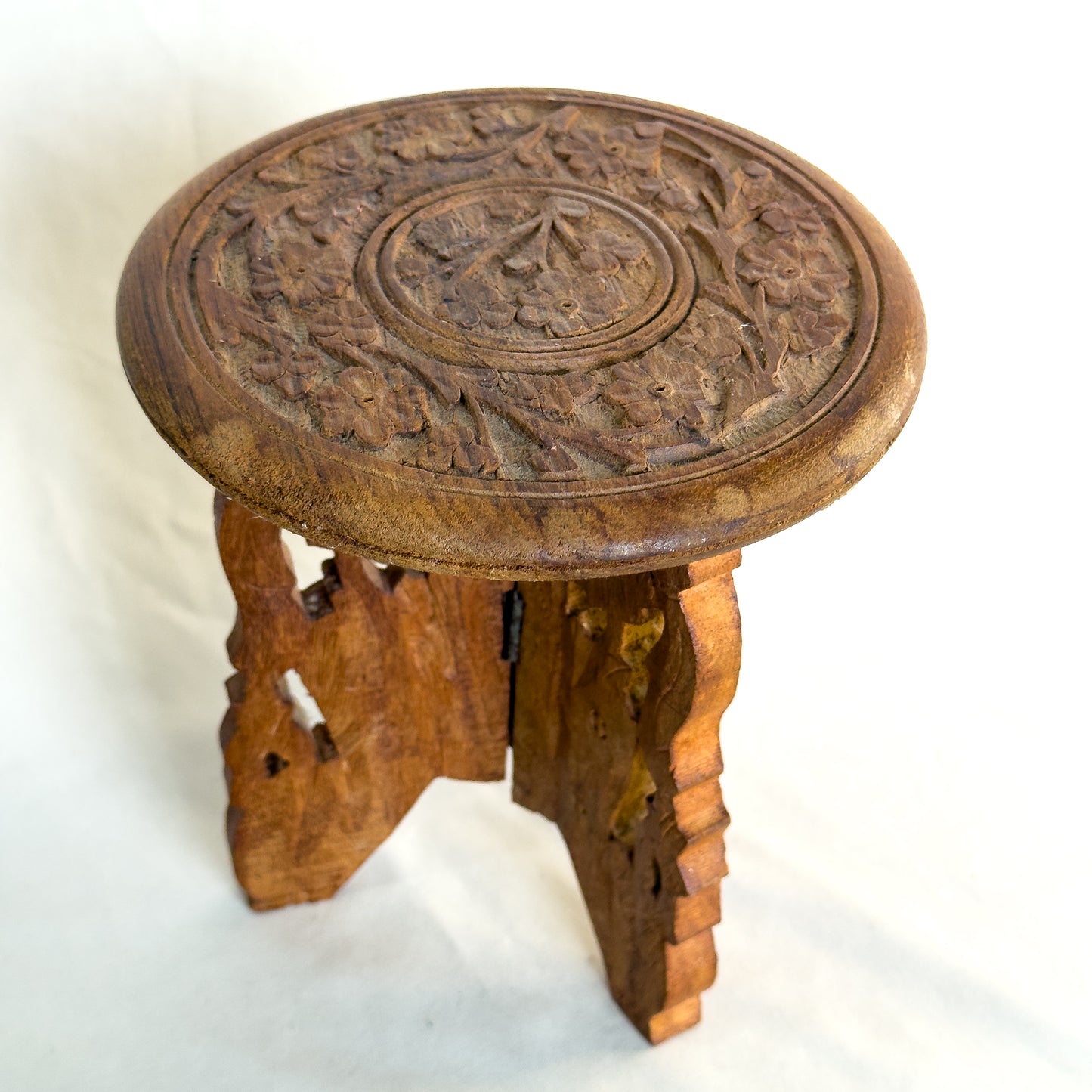 Vintage Hand-Carved Folding Wooden Plant Stand Ornate Floral Motif, Teak or Rosewood