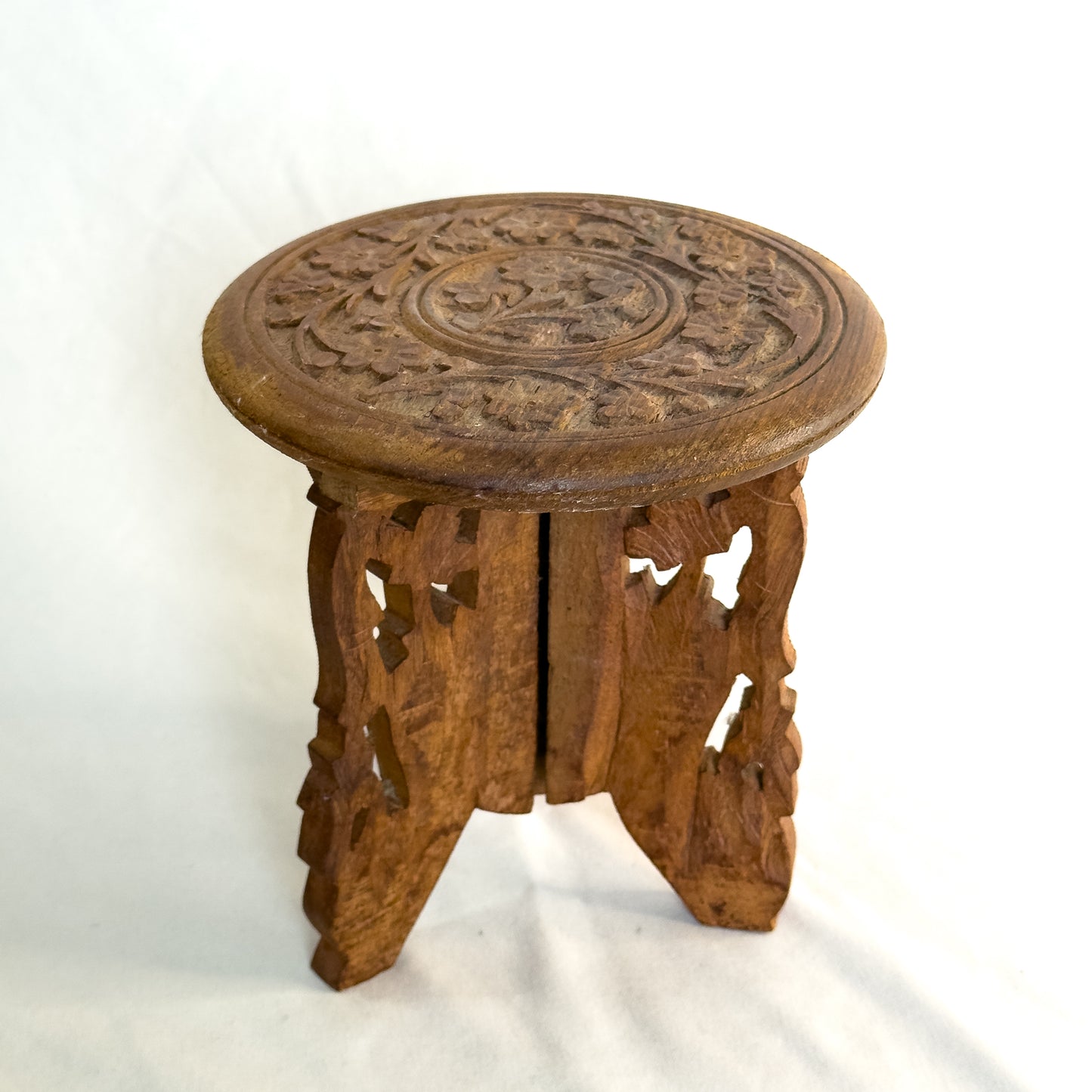Vintage Hand-Carved Folding Wooden Plant Stand Ornate Floral Motif, Teak or Rosewood