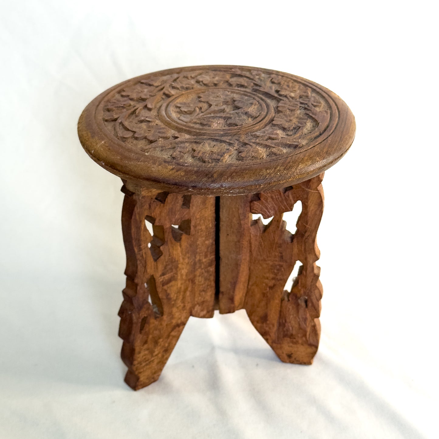 Vintage Hand-Carved Folding Wooden Plant Stand Ornate Floral Motif, Teak or Rosewood