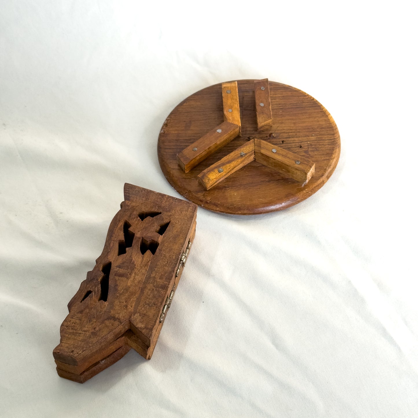 Vintage Hand-Carved Folding Wooden Plant Stand Ornate Floral Motif, Teak or Rosewood