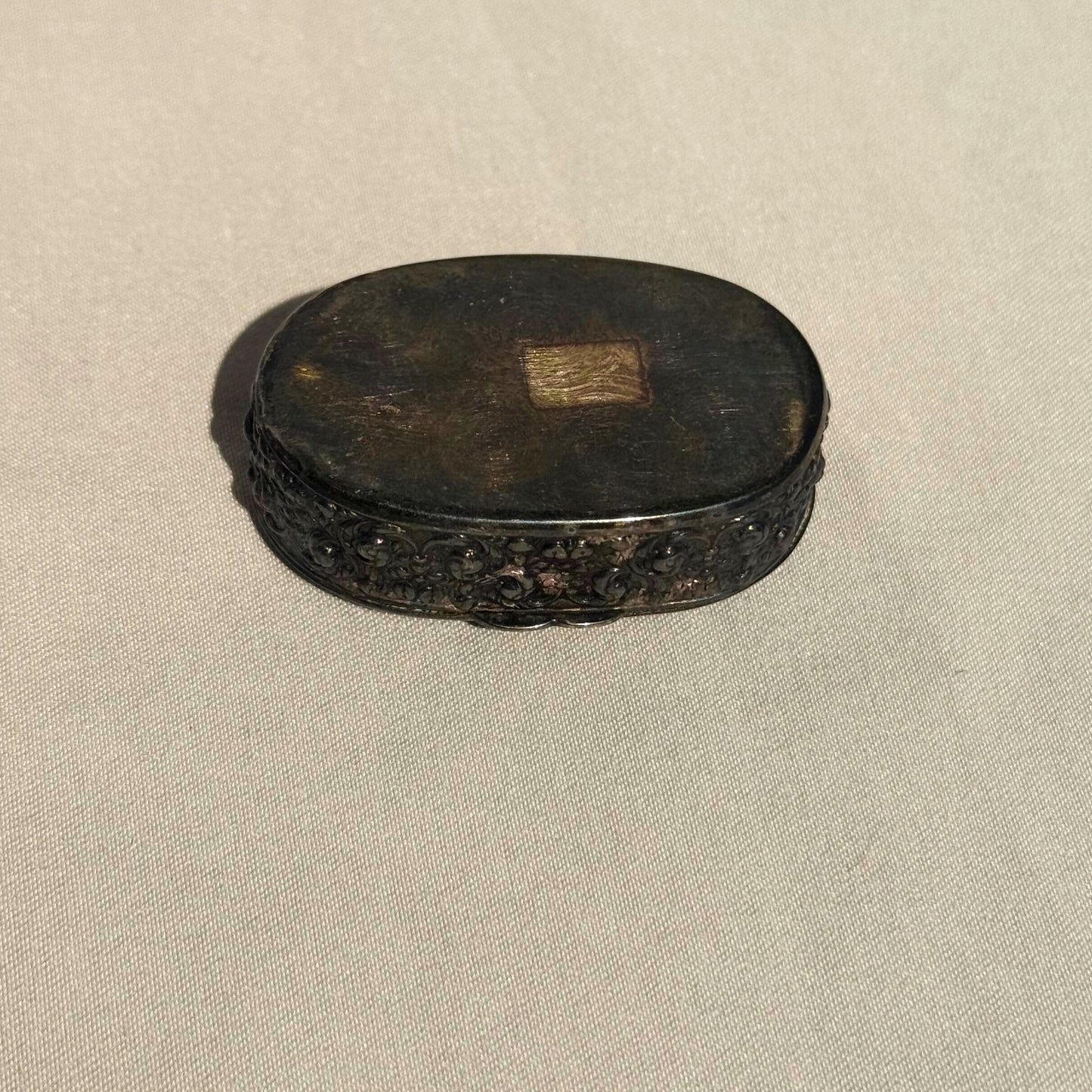 Antique Ornate Tiny Metal Pill Box with Hinged Lid – Intricate Floral Design