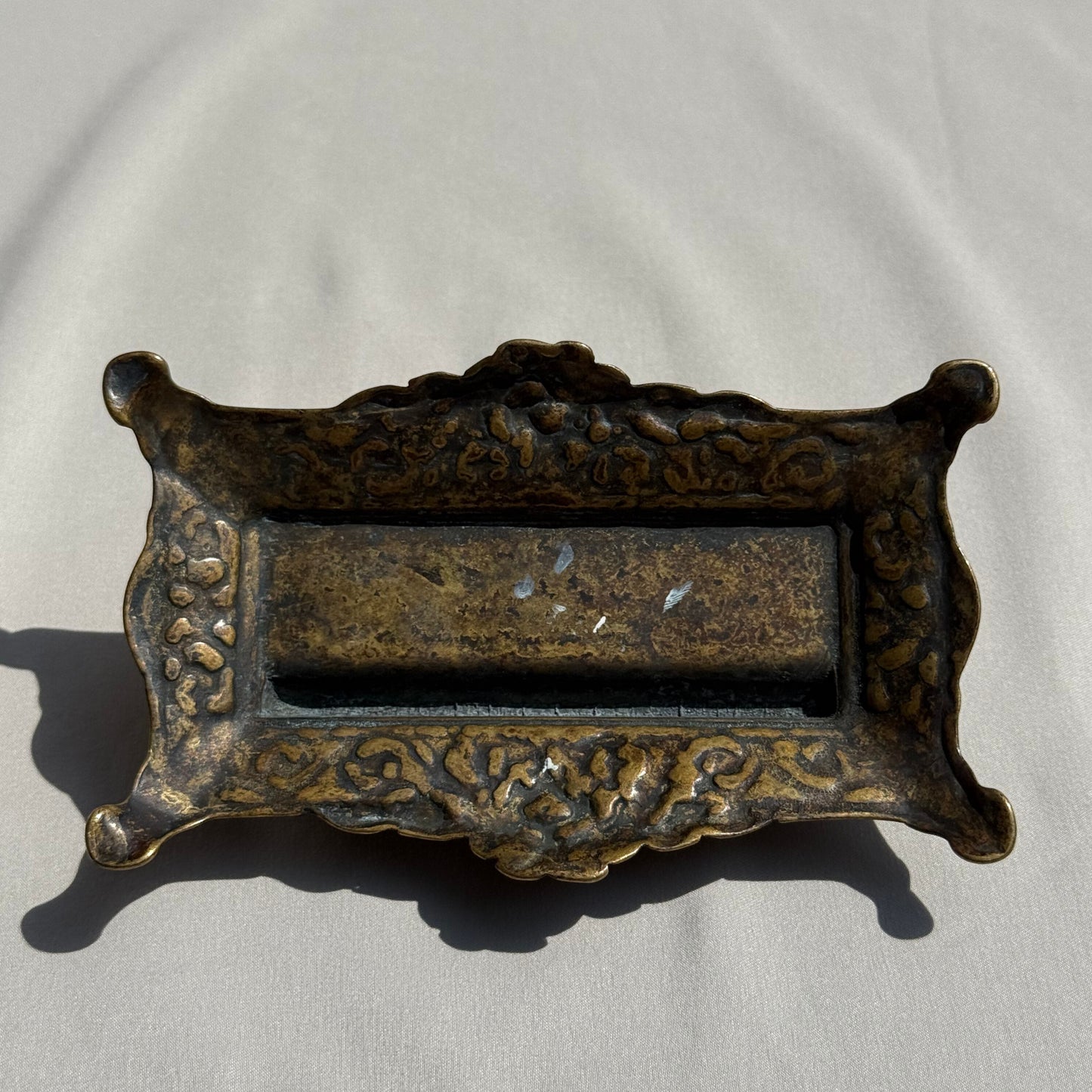 Antique Cast Metal Ink Blotter Holder Ornate Victorian Desk Accessory Bronze-Tone Scrollwork Design