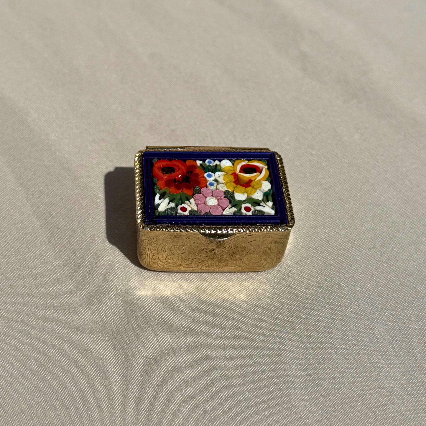 Vintage Italian Micro Mosaic Pill Box – Floral Gold Tone Trinket Box