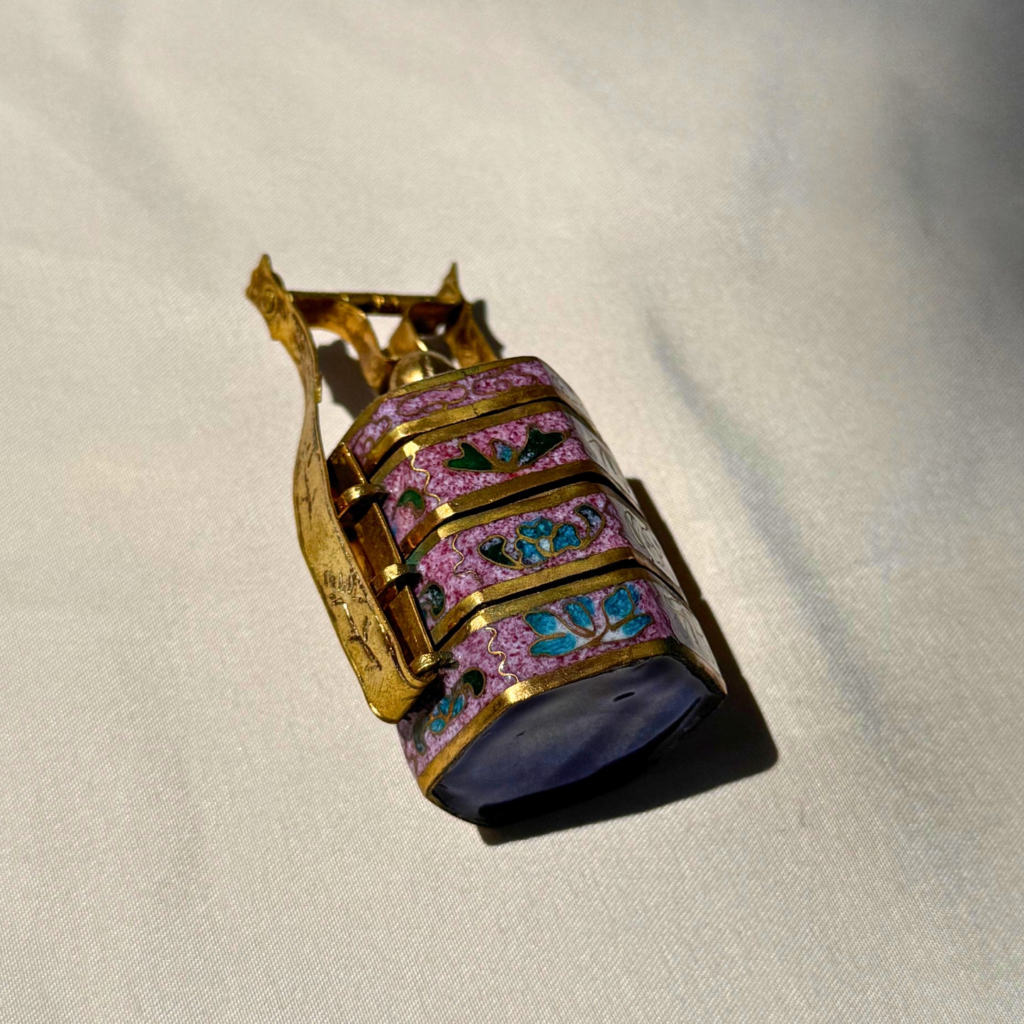 Miniature Chinese Cloisonné Tiffin Box – Purple Floral Enamel Stacking Container Unique Hexagonal Shape
