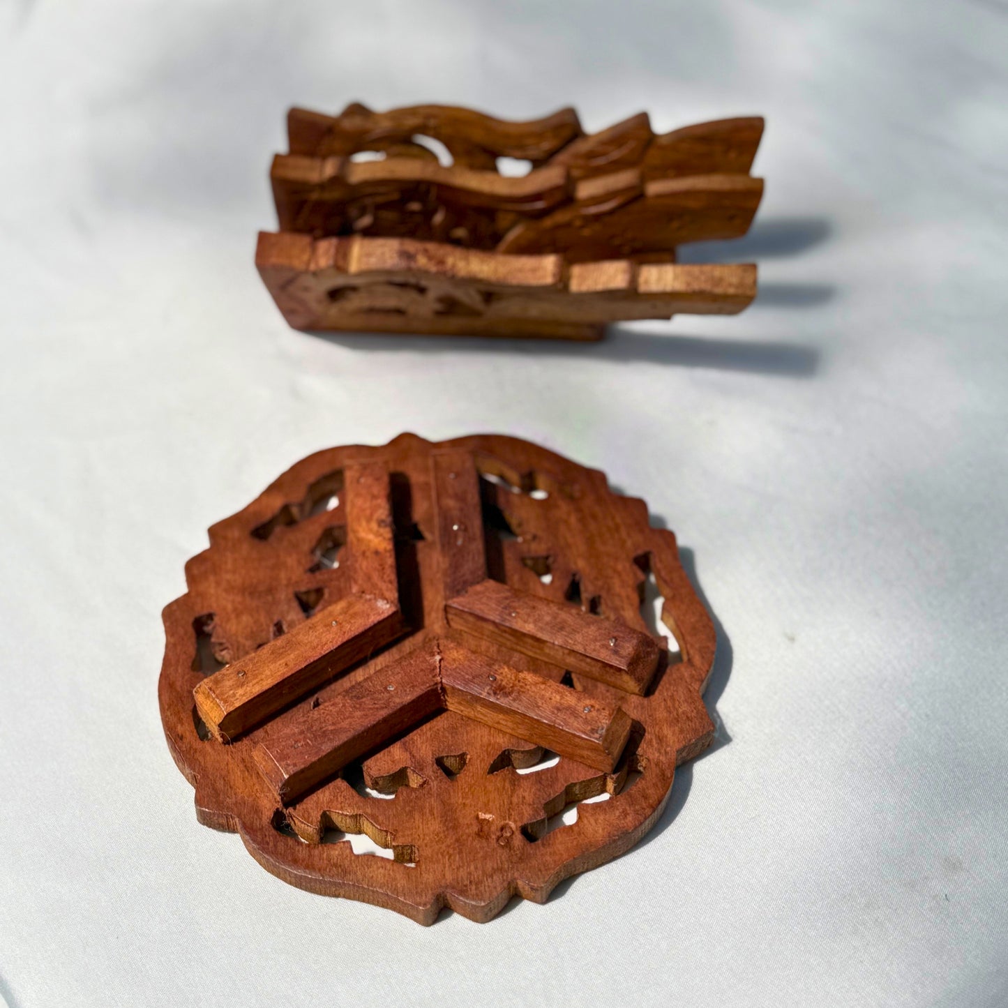 Hand-Carved Mini Wood Plant Stand with Inlaid Floral Detail with Folding Design