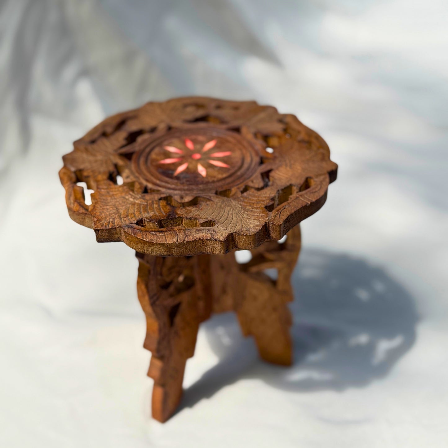Hand-Carved Mini Wood Plant Stand with Inlaid Floral Detail with Folding Design