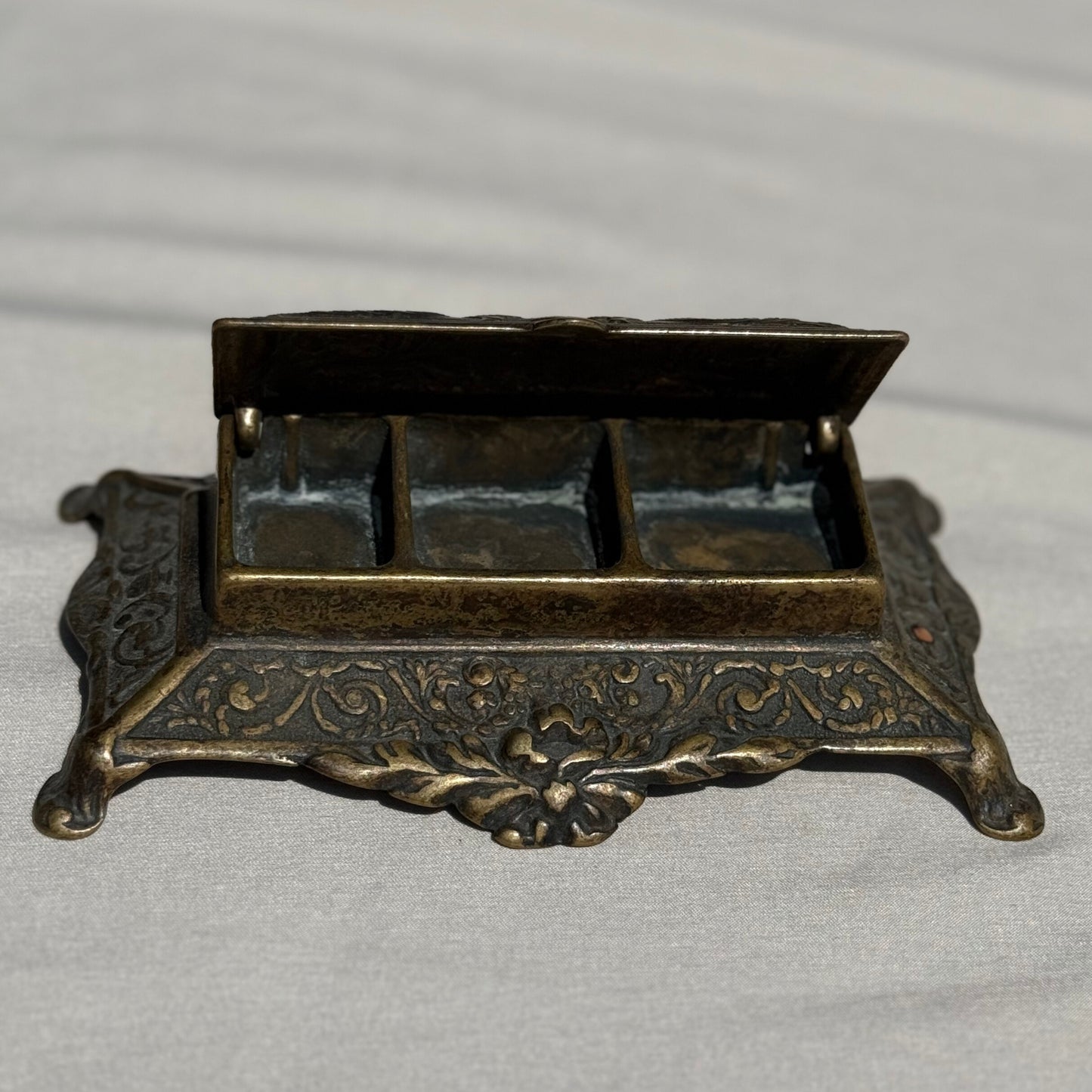 Antique Cast Metal Ink Blotter Holder Ornate Victorian Desk Accessory Bronze-Tone Scrollwork Design