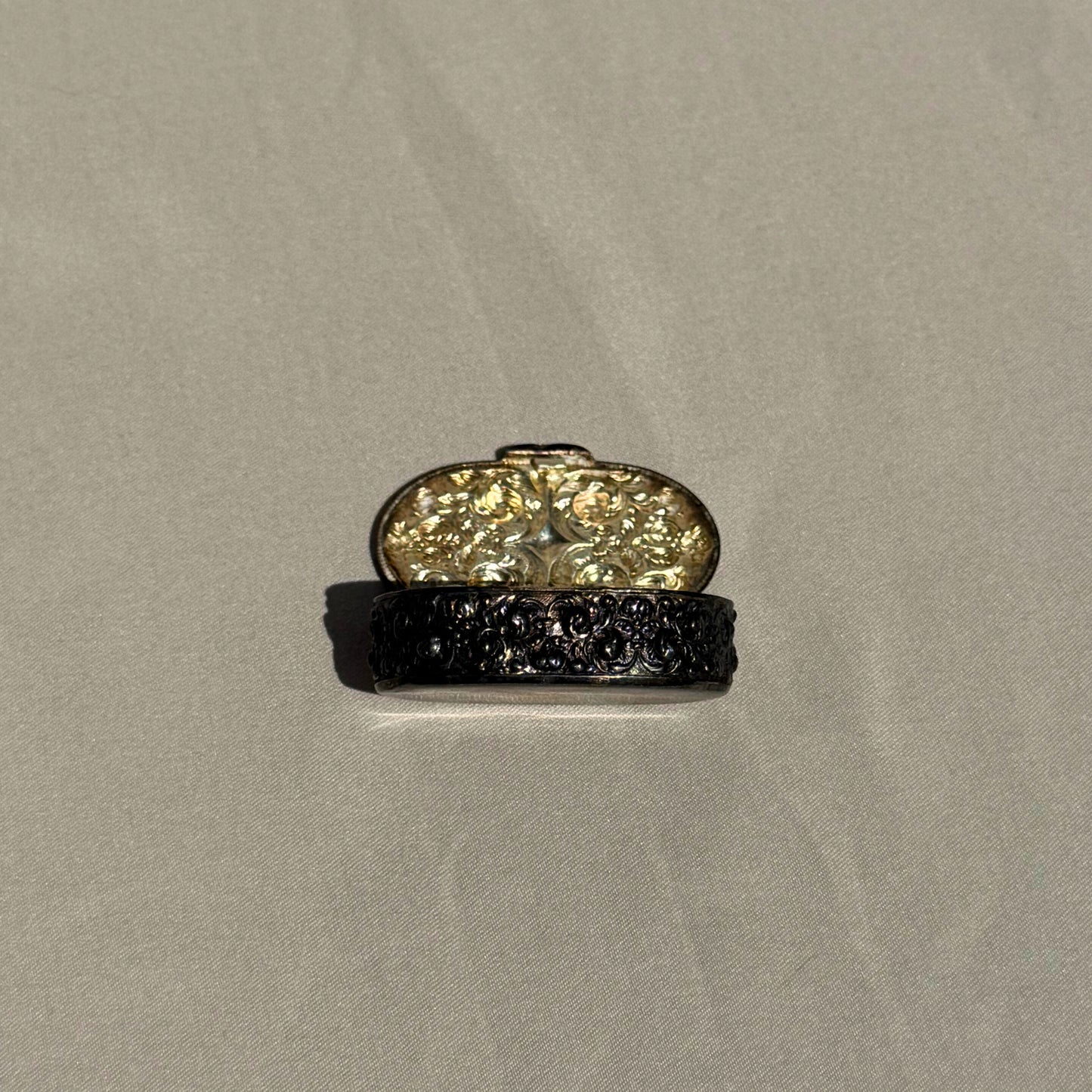 Antique Ornate Tiny Metal Pill Box with Hinged Lid – Intricate Floral Design