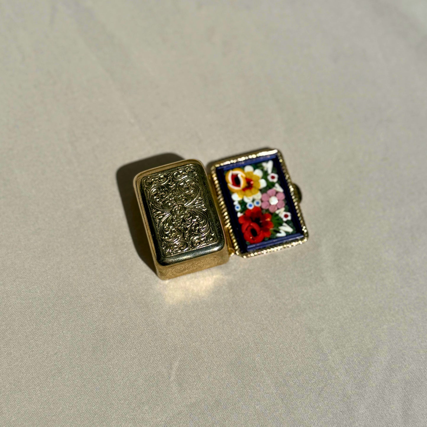 Vintage Italian Micro Mosaic Pill Box – Floral Gold Tone Trinket Box