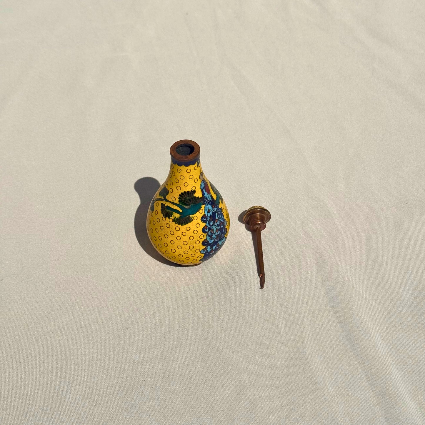 Vintage Chinese Cloisonné Snuff Bottle with Peacock Motif with Spoon Intact