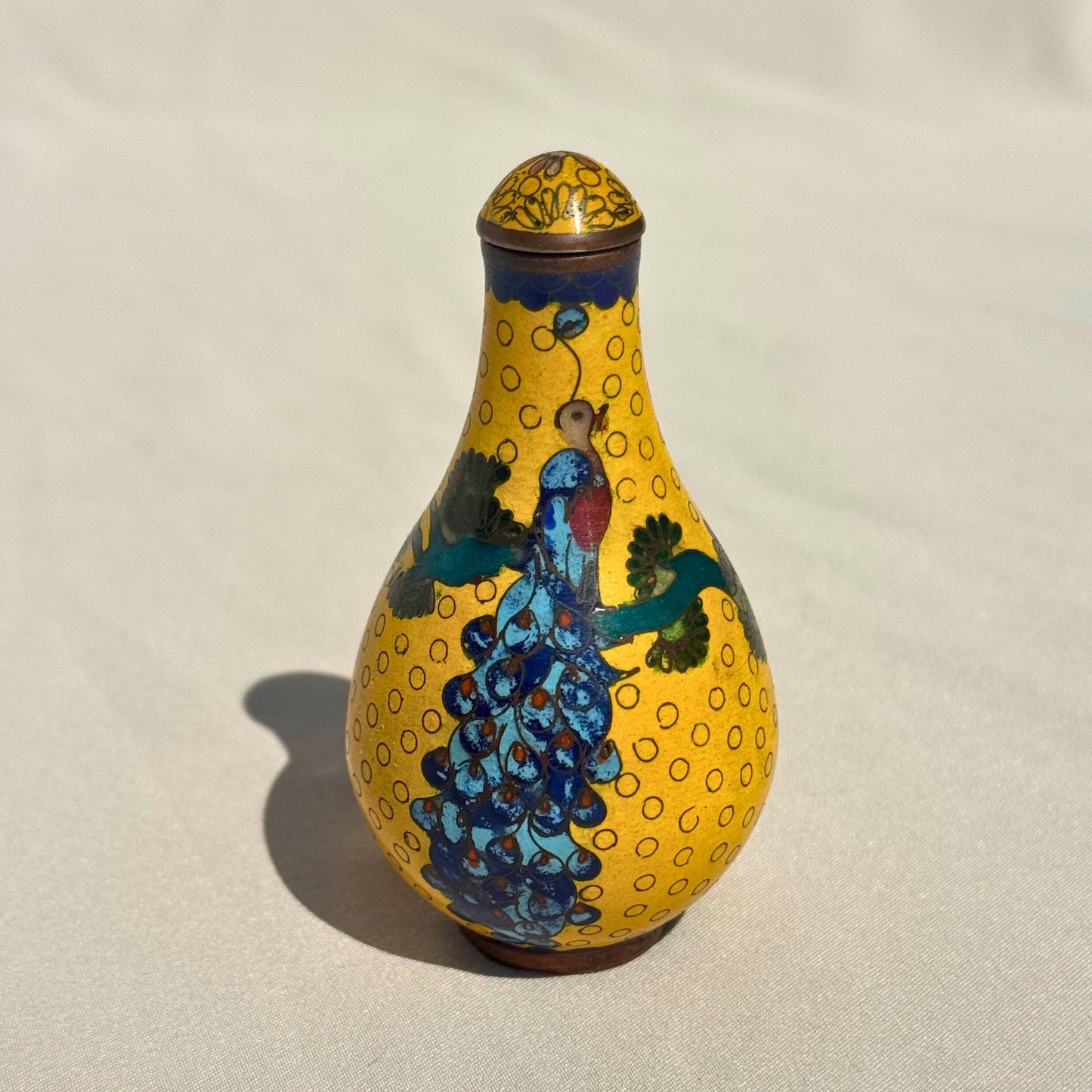 Vintage Chinese Cloisonné Snuff Bottle with Peacock Motif with Spoon Intact