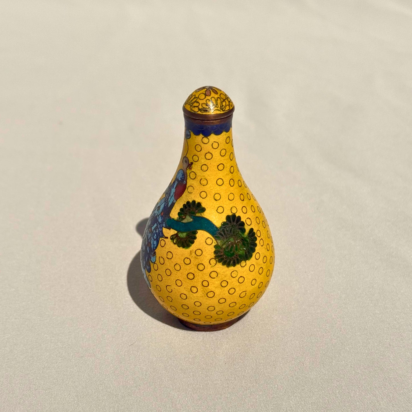 Vintage Chinese Cloisonné Snuff Bottle with Peacock Motif with Spoon Intact
