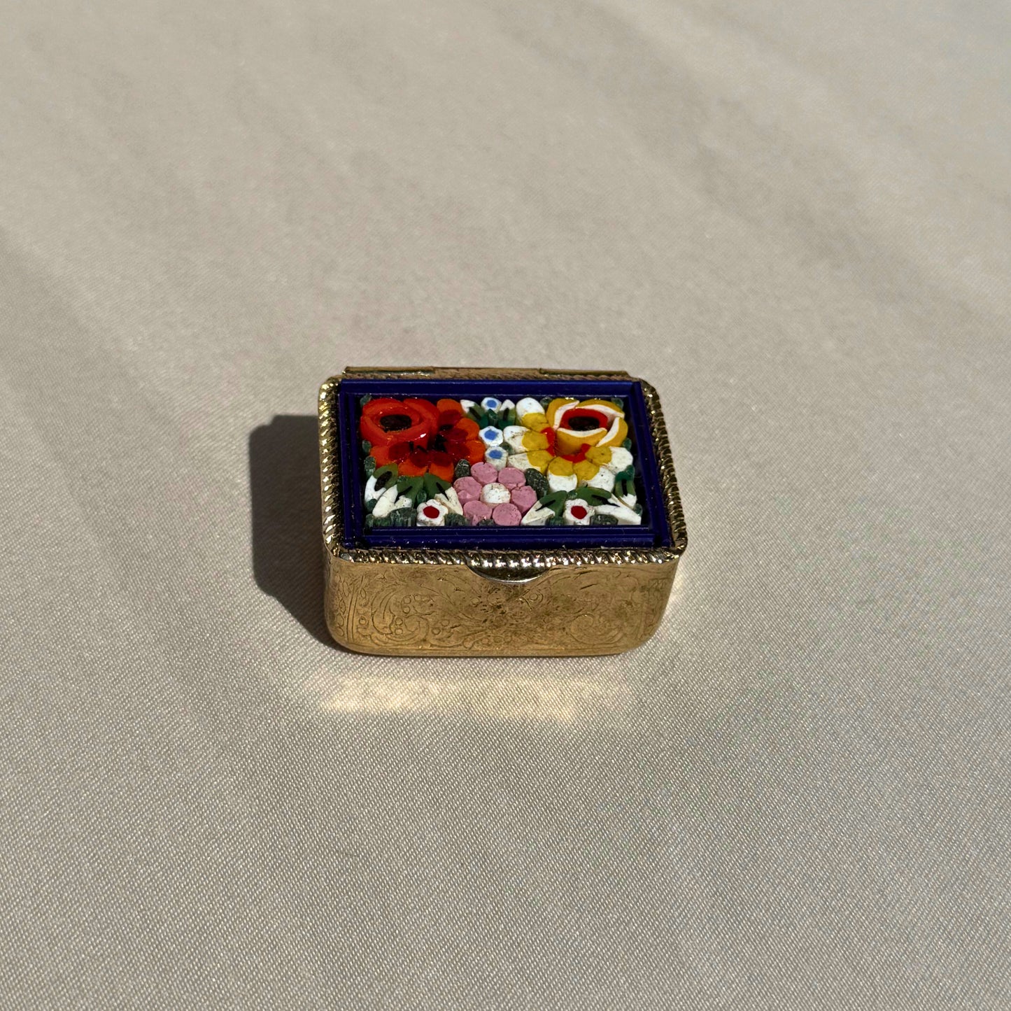 Vintage Italian Micro Mosaic Pill Box – Floral Gold Tone Trinket Box