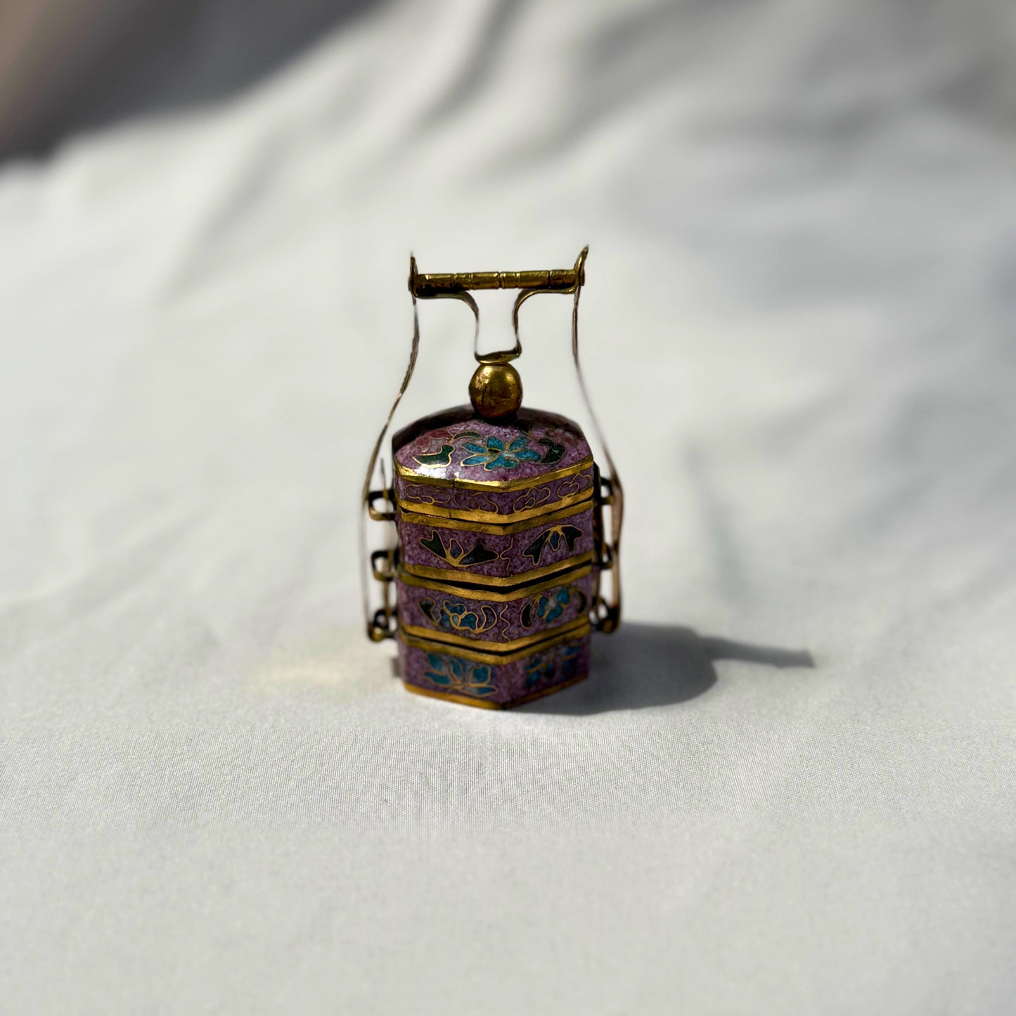 Miniature Chinese Cloisonné Tiffin Box – Purple Floral Enamel Stacking Container Unique Hexagonal Shape