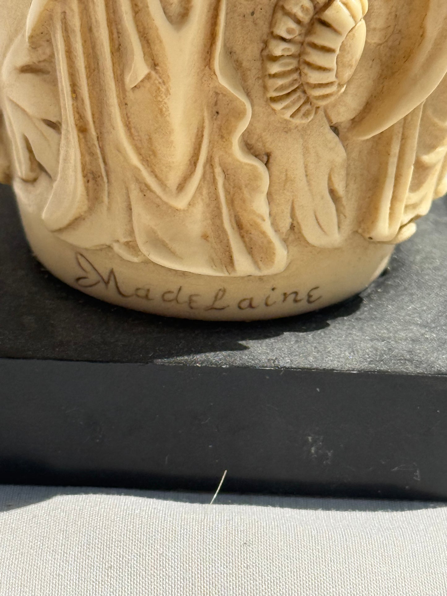 Vintage Asian-Inspired Tabletop Lighter Carved Figural Design on Faux Ivory Resin Ornate Brass Top