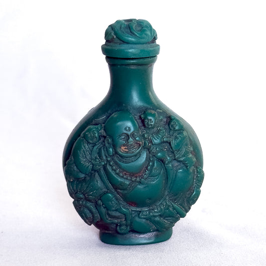 Vintage Chinese Snuff Bottle with Laughing Buddha & Immortal Figures in Carved Green Resin