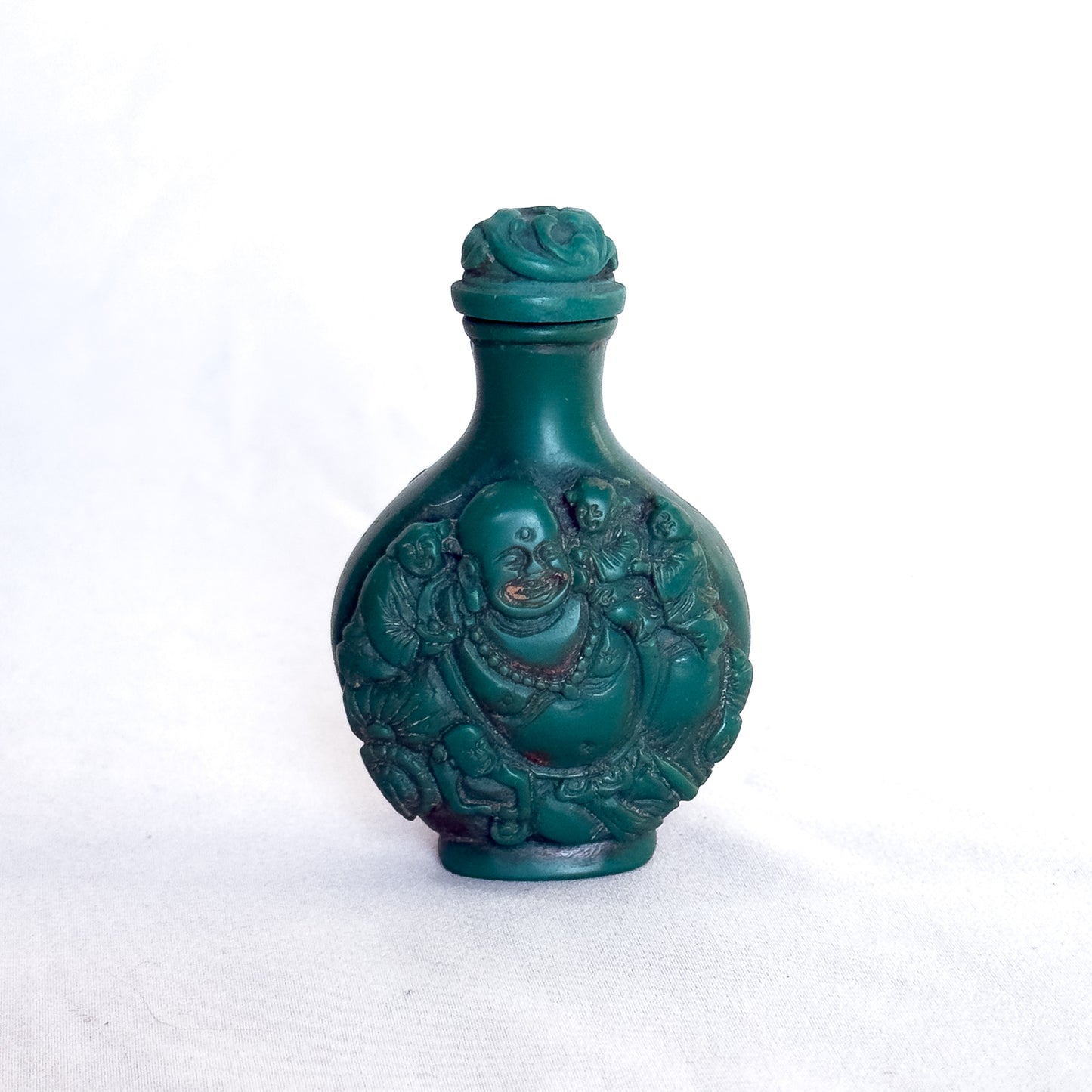 Vintage Chinese Snuff Bottle with Laughing Buddha & Immortal Figures in Carved Green Resin