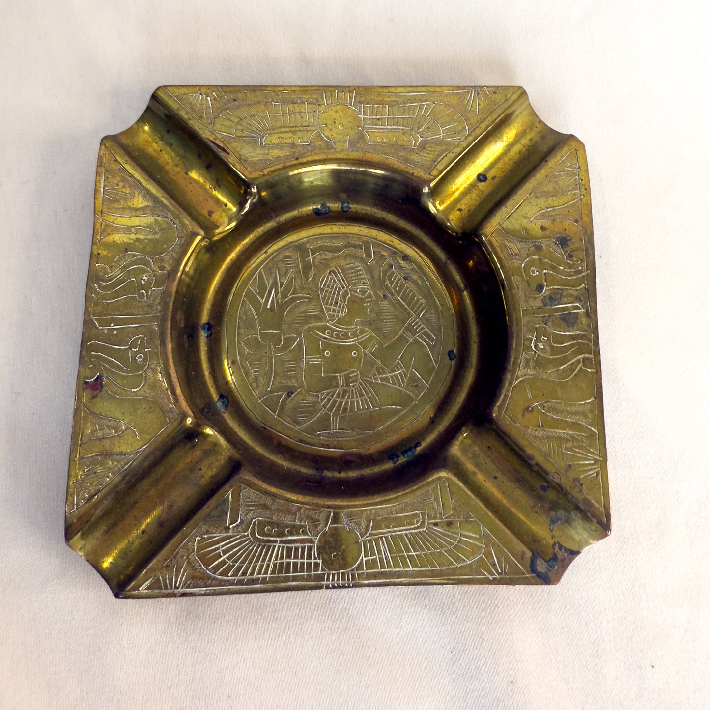 Vintage Brass Ashtray with Egyptian Revival Etching