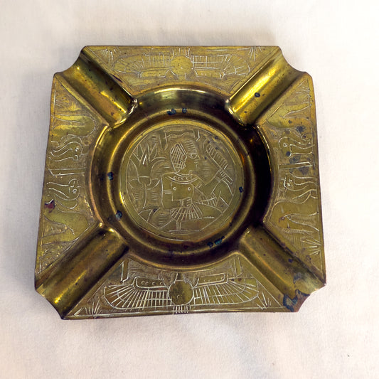 Vintage Brass Ashtray with Egyptian Revival Etching