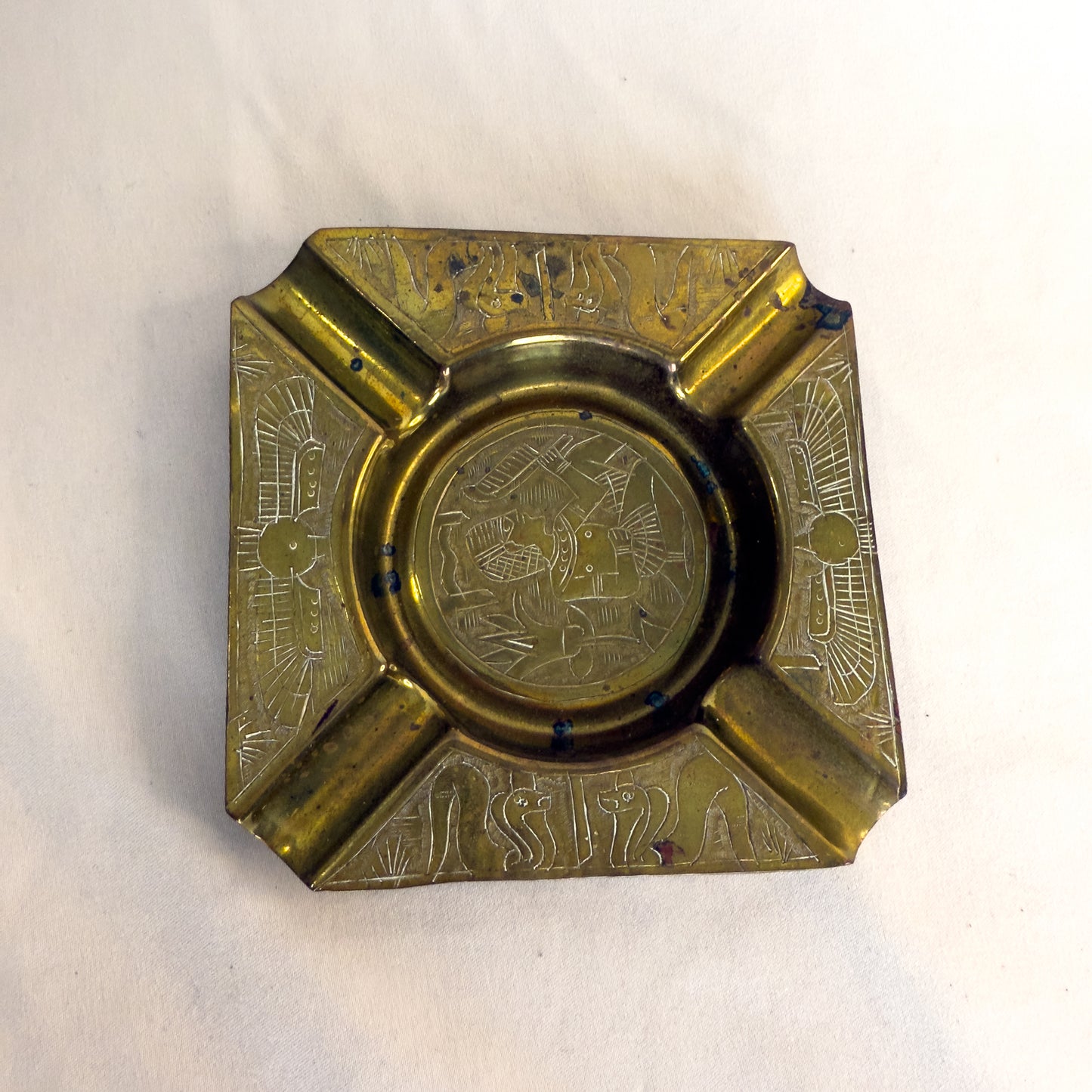 Vintage Brass Ashtray with Egyptian Revival Etching