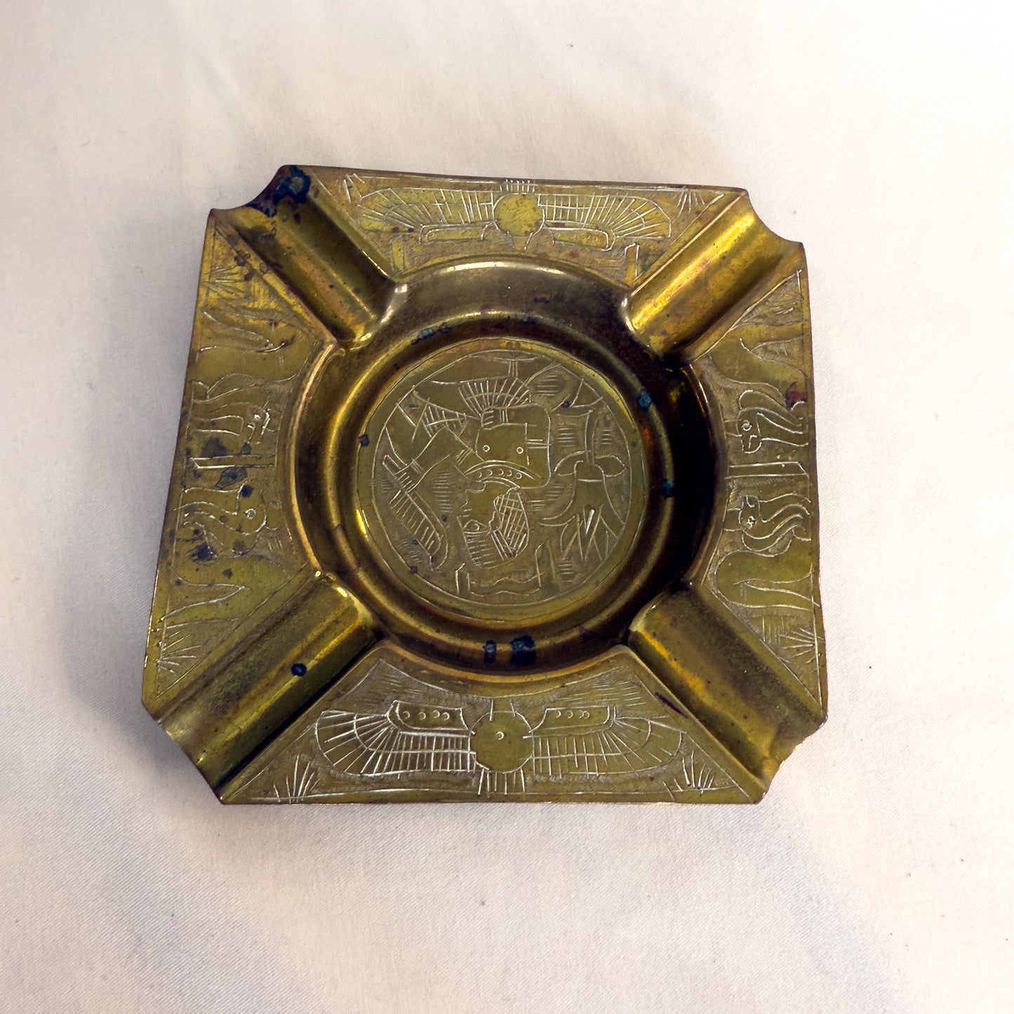 Vintage Brass Ashtray with Egyptian Revival Etching