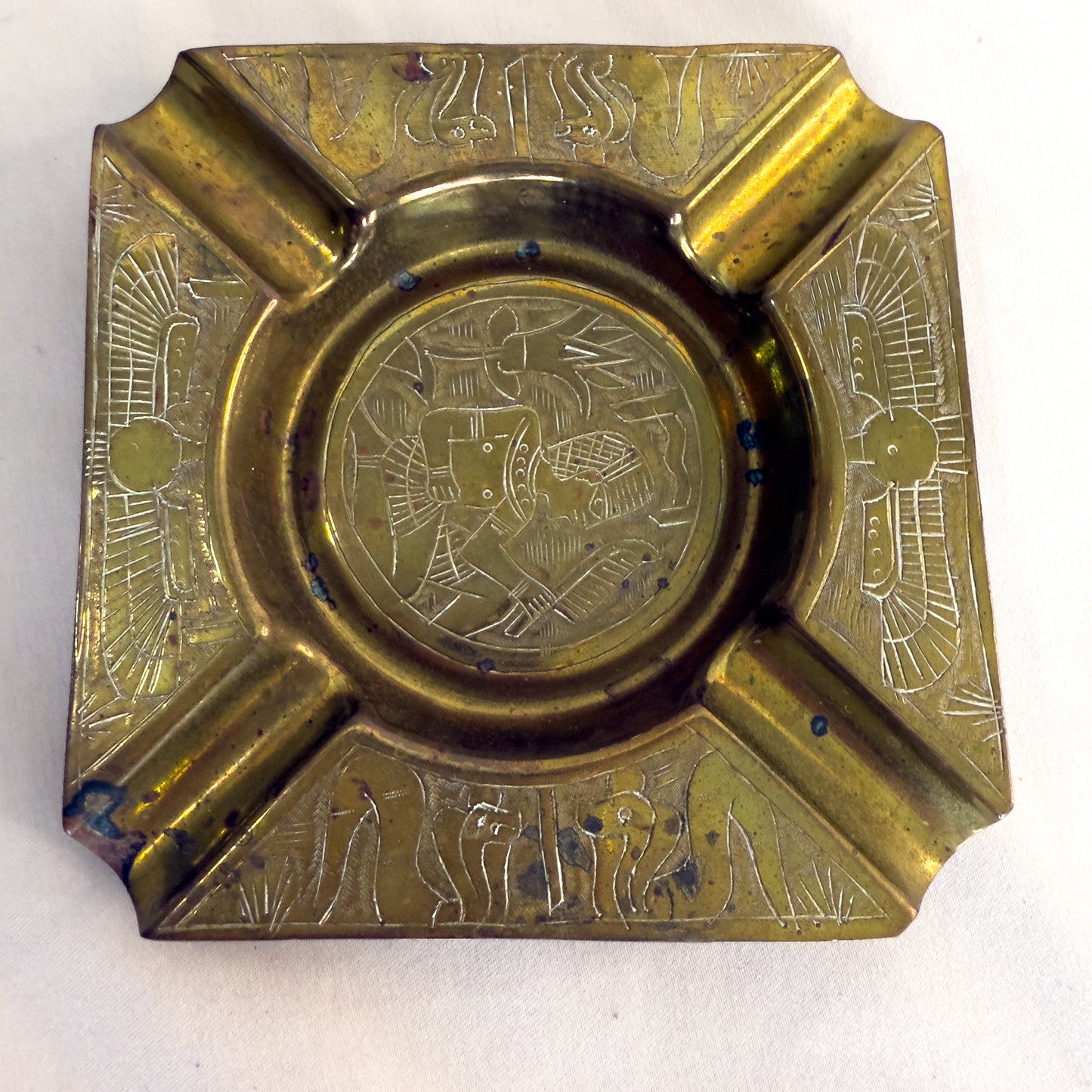 Vintage Brass Ashtray with Egyptian Revival Etching