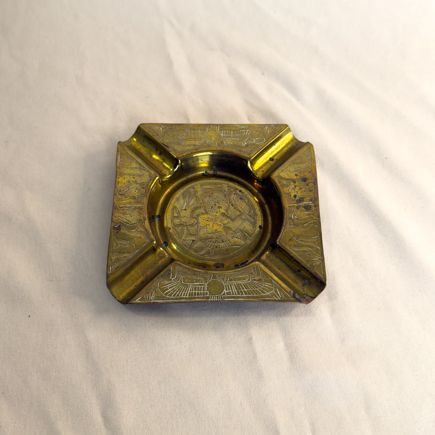 Vintage Brass Ashtray with Egyptian Revival Etching