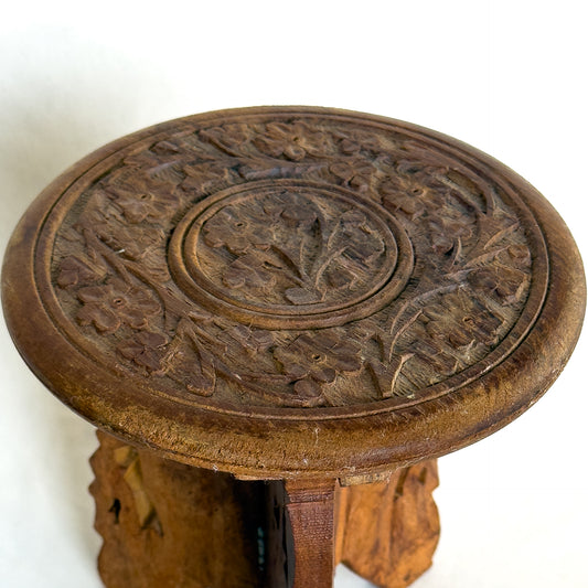 Vintage Hand-Carved Folding Wooden Plant Stand Ornate Floral Motif, Teak or Rosewood