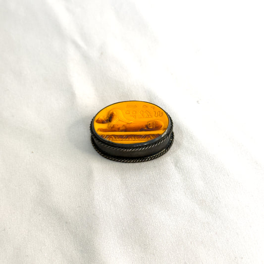 Vintage Sterling Silver Egyptian Revival Pill Box with Amber-Colored Etched Inlay