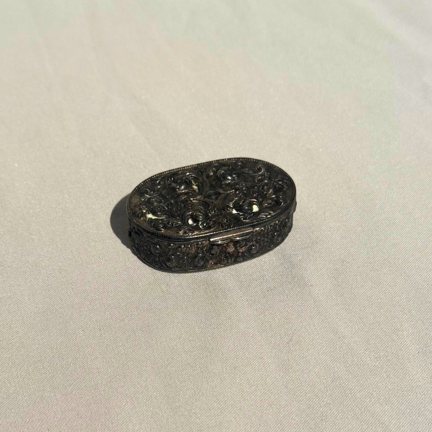 Antique Ornate Tiny Metal Pill Box with Hinged Lid – Intricate Floral Design
