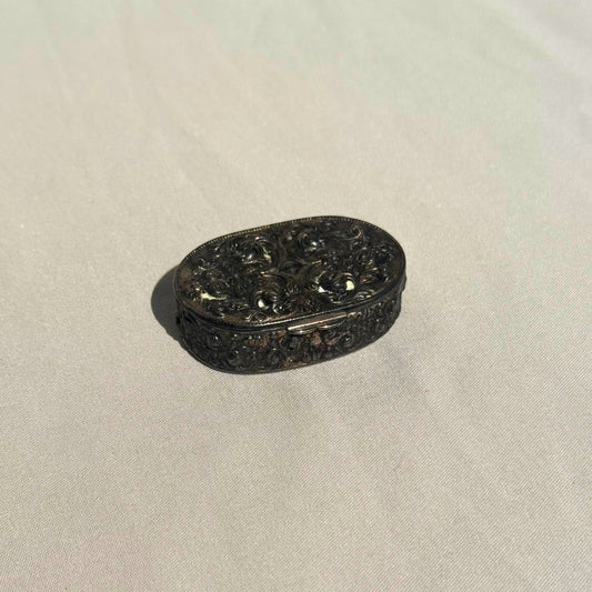 Antique Ornate Tiny Metal Pill Box with Hinged Lid – Intricate Floral Design