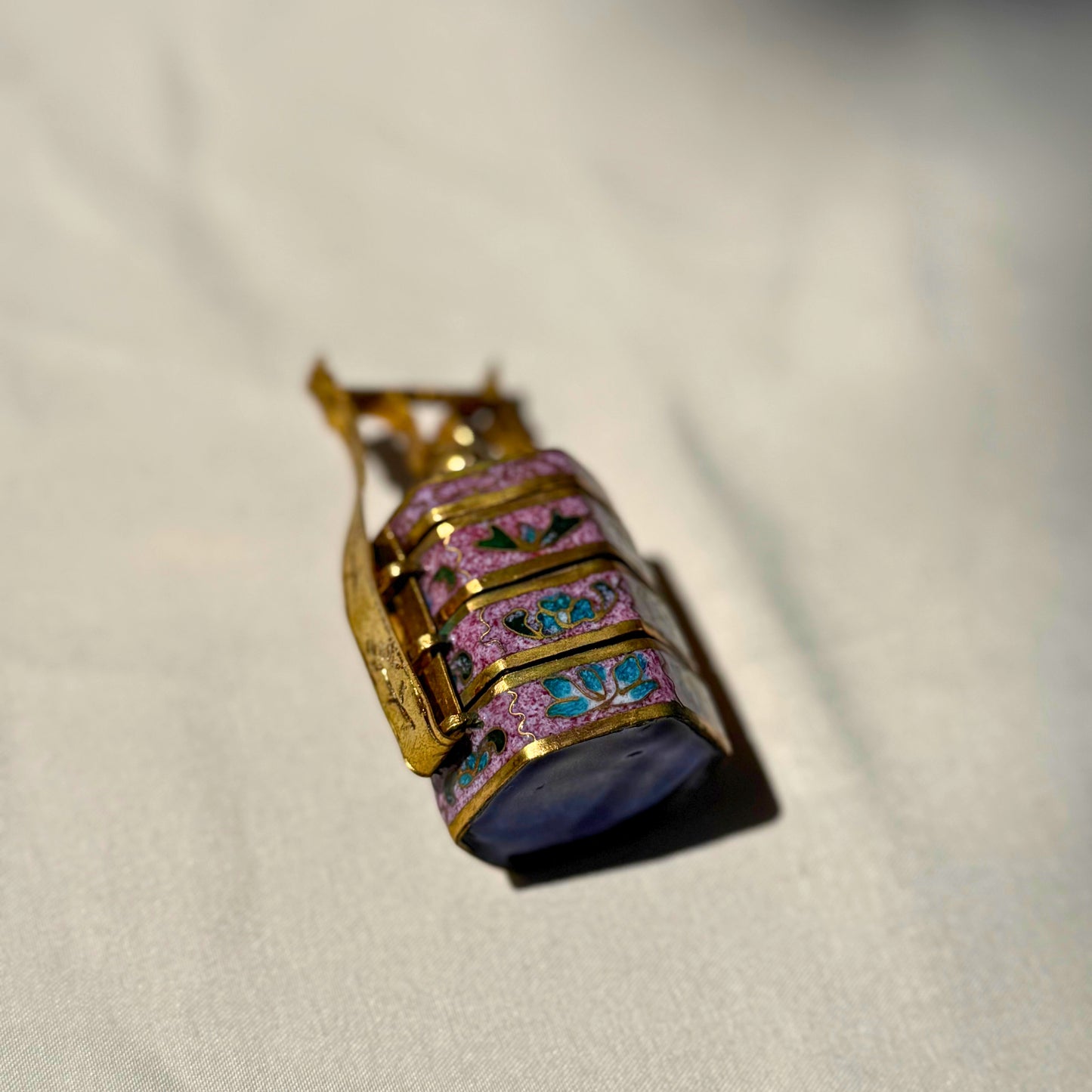 Miniature Chinese Cloisonné Tiffin Box – Purple Floral Enamel Stacking Container Unique Hexagonal Shape