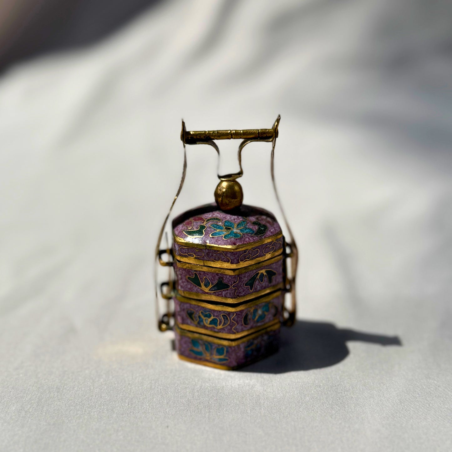 Miniature Chinese Cloisonné Tiffin Box – Purple Floral Enamel Stacking Container Unique Hexagonal Shape