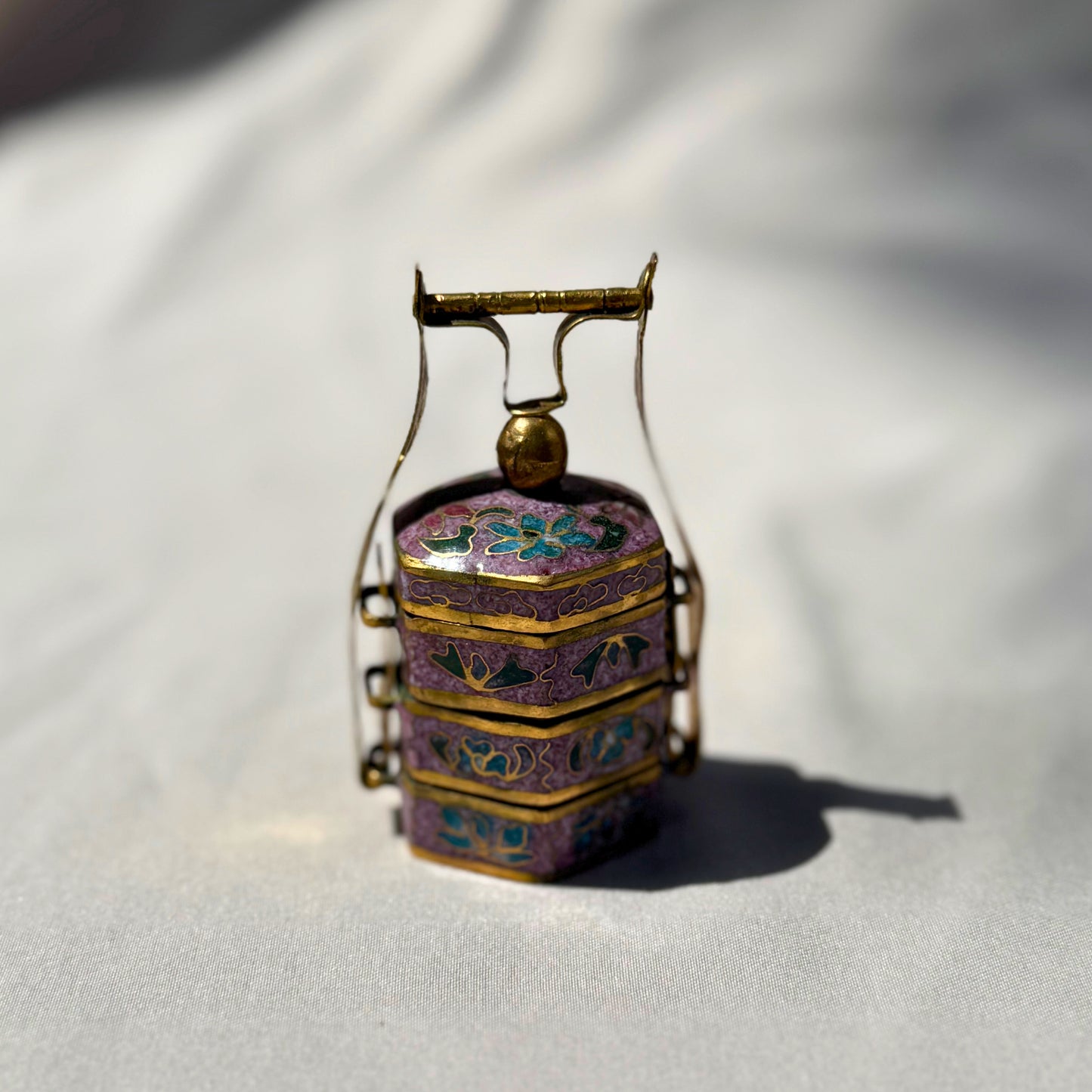 Miniature Chinese Cloisonné Tiffin Box – Purple Floral Enamel Stacking Container Unique Hexagonal Shape