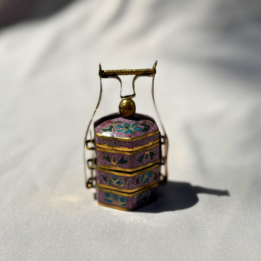 Miniature Chinese Cloisonné Tiffin Box – Purple Floral Enamel Stacking Container Unique Hexagonal Shape