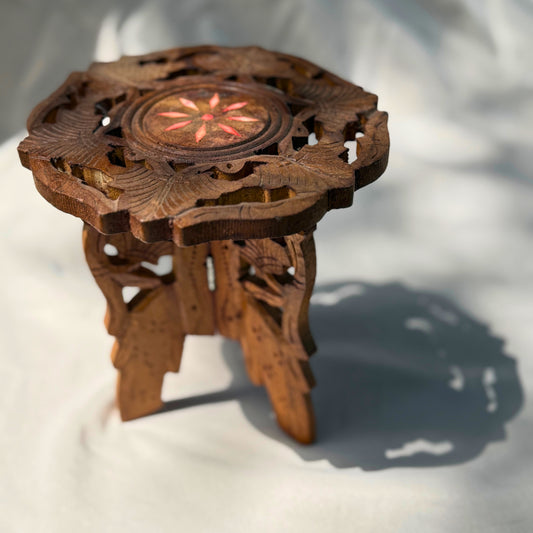 Hand-Carved Mini Wood Plant Stand with Inlaid Floral Detail with Folding Design