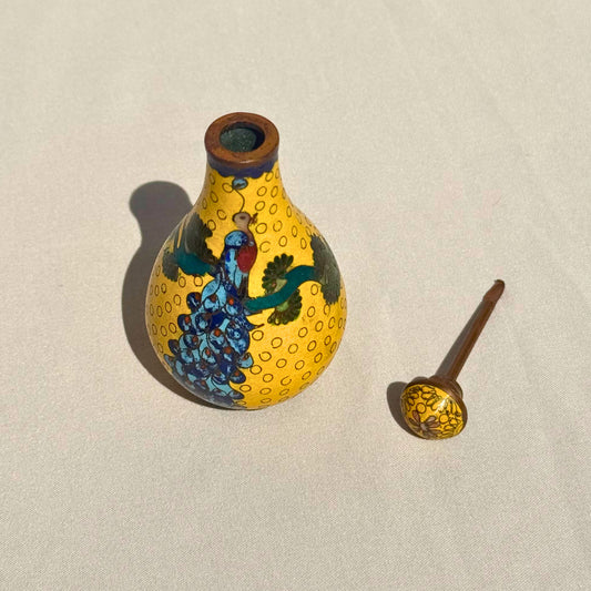 Vintage Chinese Cloisonné Snuff Bottle with Peacock Motif with Spoon Intact