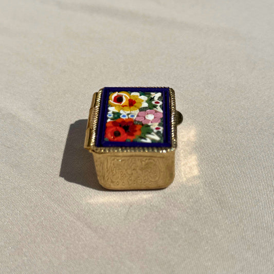 Vintage Italian Micro Mosaic Pill Box – Floral Gold Tone Trinket Box