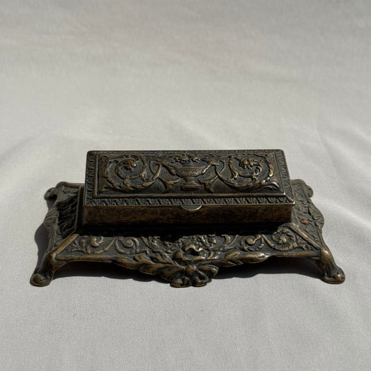 Antique Cast Metal Ink Blotter Holder Ornate Victorian Desk Accessory Bronze-Tone Scrollwork Design